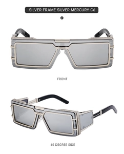 Steampunk sunglasses with silver polygonal metal frame and reflective mirror lenses