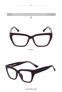 Detailed front and side views of brown cat-eye glasses with blue coating lenses