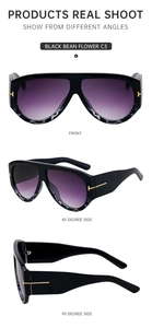 Detail view of large aviator sunglasses with gradient purple lenses and T-shaped metal hinges