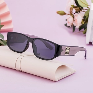Modern rectangular sunglasses with purple gradient frames and luxury gold logo