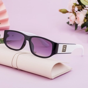 Rectangle sunglasses with black and white frame, purple gradient lenses and leather case