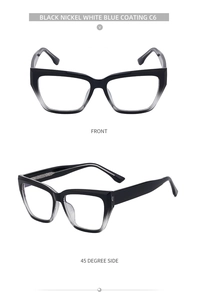 Detailed front and 45-degree views of black to grey gradient cat-eye glasses frames