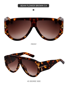 Front and 45-degree side views of tortoise shell sunglasses with T-shaped metal hinges