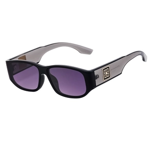Chic black rectangular sunglasses with purple lenses and gold geometric logo detail