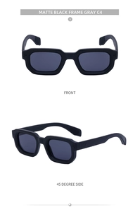 Detailansicht der mattschwarzen quadratischen Sonnenbrille mit Metallpunkten