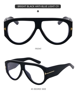 Front and side view of black frame protective glasses with gold T-shaped metal hinges