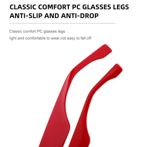 Détail des embouts de branches de lunettes rouges en PC avec design ergonomique