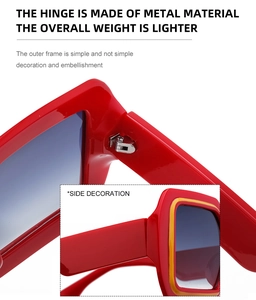 Détail de lunettes de soleil carrées rouges avec charnières en métal et accents jaunes