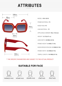 Spécifications détaillées de taille pour lunettes carrées rouges à verres dégradés bleus