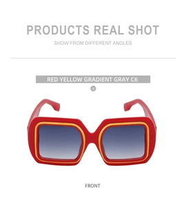 Vue de face de lunettes de soleil carrées avec monture rouge et jaune et verres dégradés