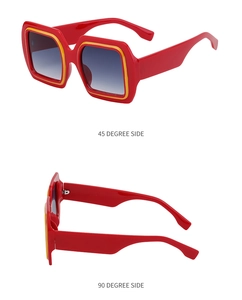Détails de lunettes de soleil carrées oversize avec monture contrastée rouge et jaune et verres dégradés