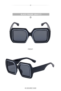 Détail de lunettes de soleil carrées noires avec verres gris et design à double couche