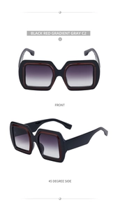 Vues frontale et latérale de lunettes de soleil carrées avec monture noir et rouge