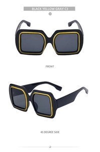 Détails de lunettes de soleil carrées oversize en noir et jaune vues de face et de profil