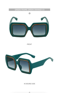 Vues de face et à 45 degrés des lunettes de soleil carrées en vert foncé et orange