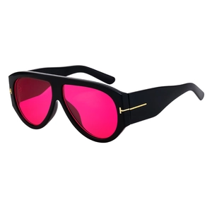 Oversized retro aviator sunglasses with black frame, pink lenses and gold T-shape metal accents