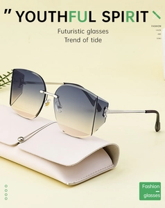 Macro detail of rimless gradient sunglasses lens with sleek metallic silver temples