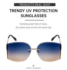Detail of rimless blue gradient sunglasses with silver metal temples and UV protection