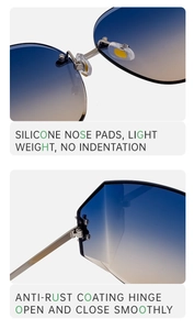 Detail of soft silicone nose pads and durable silver metal hinges on rimless sunglasses