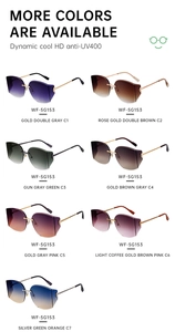 Detail view of 7 assorted color options for rimless fashion sunglasses with metal temples