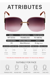 Detailed specs of rimless sunglasses with purple gradient lens and gold metal temples