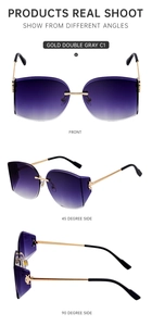 Three-view detail of rimless purple gradient sunglasses with gold metal frame