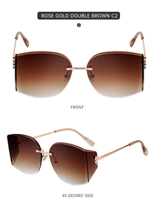 Front and side view of frameless brown gradient sunglasses with rose gold temples