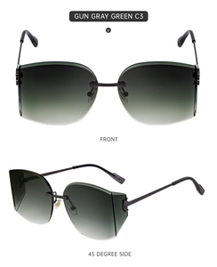 Frameless gun gray sunglasses with gradient green lenses shown in front and side views