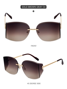 Front and 45-degree side views of rimless sunglasses with gold metal temples and gradient lenses