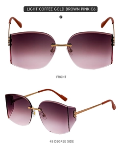 Detail view of rimless gradient purple sunglasses with elegant gold metal frame and side cuts