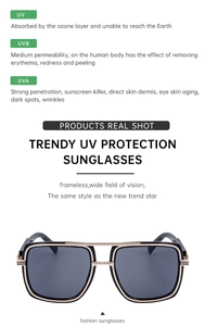 Vue détaillée des lunettes de soleil carrées avec infos protection UV et branches dorées