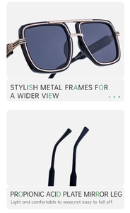 Détails de lunettes de soleil carrées oversize avec double pont métallique et monture chic