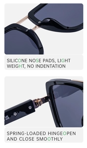 Détails de lunettes de soleil carrées avec plaquettes en silicone et charnières