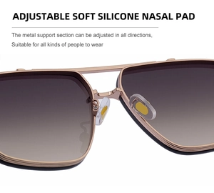 Makroaufnahme verstellbarer Silikon-Nasenpads an der roségoldenen Metall-Sonnenbrille