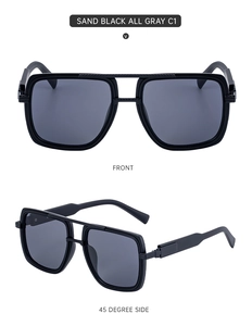 Vue détaillée de lunettes de soleil carrées noir sablé avec double pont et branches antidérapantes