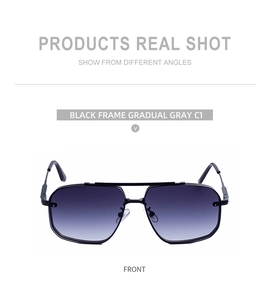 Frontdetail der Pilotensonnenbrille mit schwarzem Metallrahmen und grauen Verlaufsgläsern