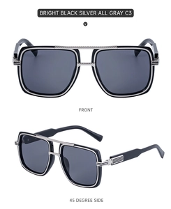 Vue avant et latérale de lunettes de soleil carrées pour hommes en noir brillant et argent