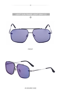 Vorder- und Seitenansicht der quadratischen Metall-Sonnenbrille in Light Gun mit grauen Gläsern