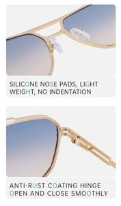 Detailed view of silicone nose pads and smooth metal hinges on square aviator sunglasses