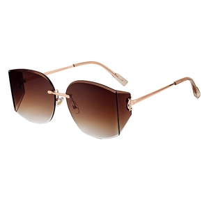 2025 frameless brown gradient oversized sunglasses with gold V-shape metal temples