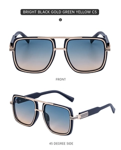 Gros plan de lunettes de soleil carrées oversize avec verres dégradés bleu et jaune
