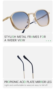 Détail de lunettes de soleil carrées en métal doré avec verres dégradés bleus et embouts