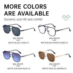 Detail view of square pilot sunglasses with metal frames in four color options