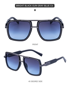 Détail de lunettes de soleil carrées avec verres dégradés bleus et branches texturées