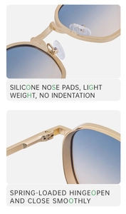 Vue détaillée des plaquettes en silicone et charnières à ressort des lunettes de soleil
