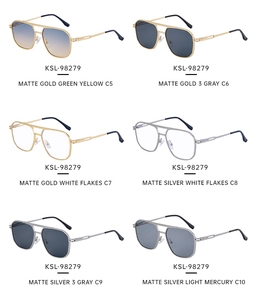 Matrix view showing six color options of square metal sunglasses with spring hinges