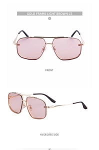 Detailansicht goldene randlose quadratische Sonnenbrille mit hellbraunen Gläsern