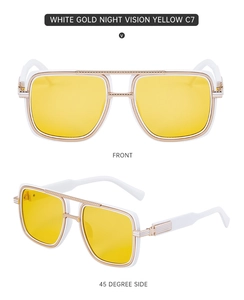 Détail de lunettes de soleil carrées blanches avec verres jaunes et charnières métalliques