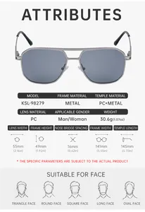 Detailed size chart for square frame sunglasses with metal bridge and temple measurements