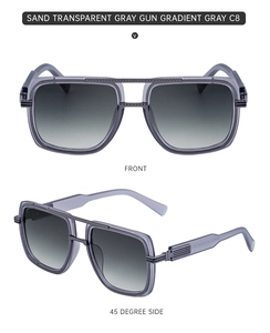 Vue de face et de profil de lunettes de soleil carrées avec monture gris sable